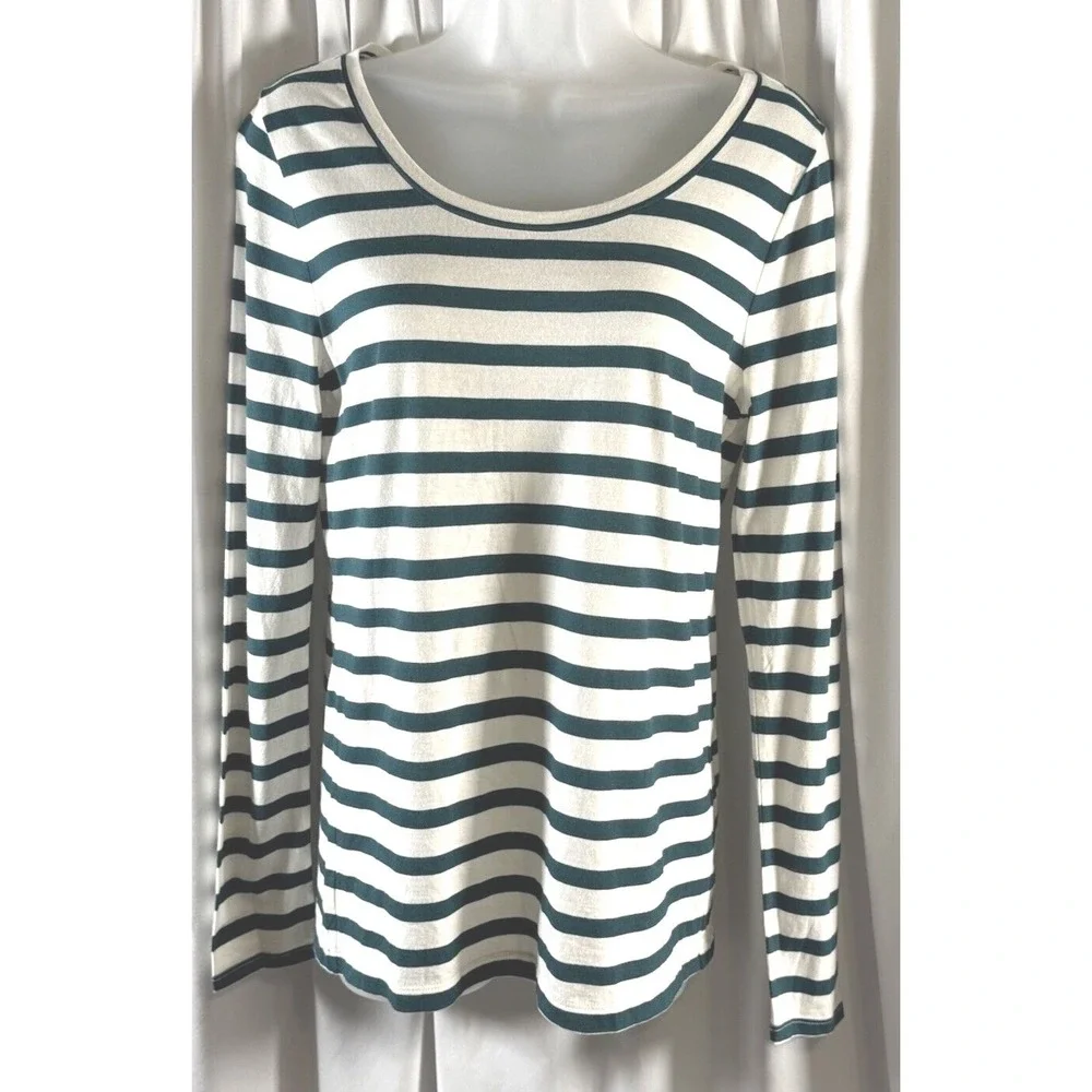 Ann Taylor LOFT Womens Green White Striped Scoop‎ Neck Long Sleeve Top Size M